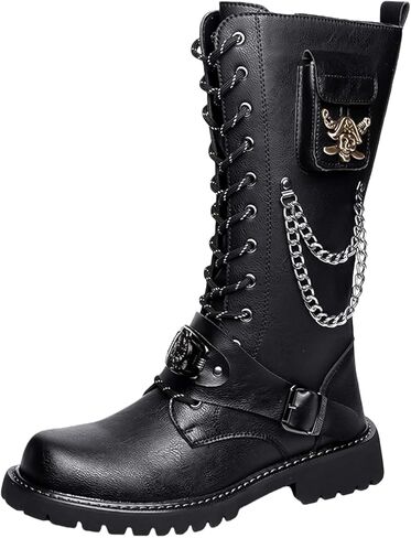 Men's large-sized gothic-style ankle boots with chain pockets, lace-up straps, ribbon lacing for motorcycle rider, metal toe guard, round sole, shoes in Saudi Arabia