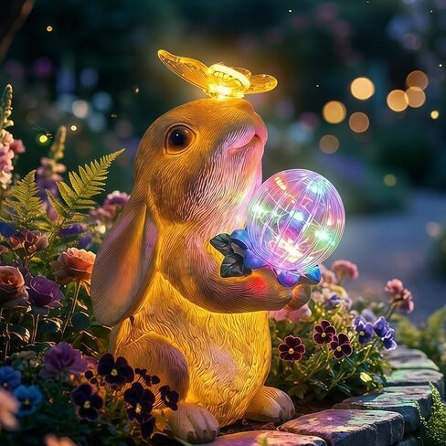 Solar Bunny Garden Statue Outdoor Decor, Glowing Rabbit Figurine with Warm Light Body, Color-Changing Butterfly and Multicolor LED Orb, for Mom Grandma Women Patio Lawn Yard in Kuwait
