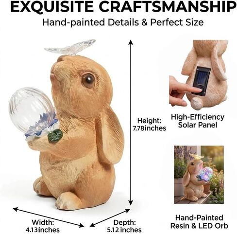 Solar Bunny Garden Statue Outdoor Decor, Glowing Rabbit Figurine with Warm Light Body, Color-Changing Butterfly and Multicolor LED Orb, for Mom Grandma Women Patio Lawn Yard in Kuwait