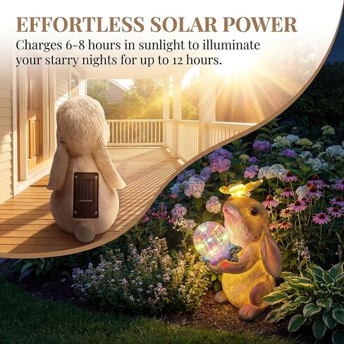 Solar Bunny Garden Statue Outdoor Decor, Glowing Rabbit Figurine with Warm Light Body, Color-Changing Butterfly and Multicolor LED Orb, for Mom Grandma Women Patio Lawn Yard in Kuwait