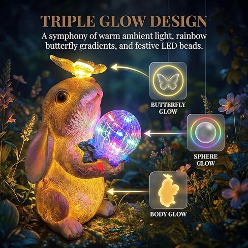 Solar Bunny Garden Statue Outdoor Decor, Glowing Rabbit Figurine with Warm Light Body, Color-Changing Butterfly and Multicolor LED Orb, for Mom Grandma Women Patio Lawn Yard in Kuwait