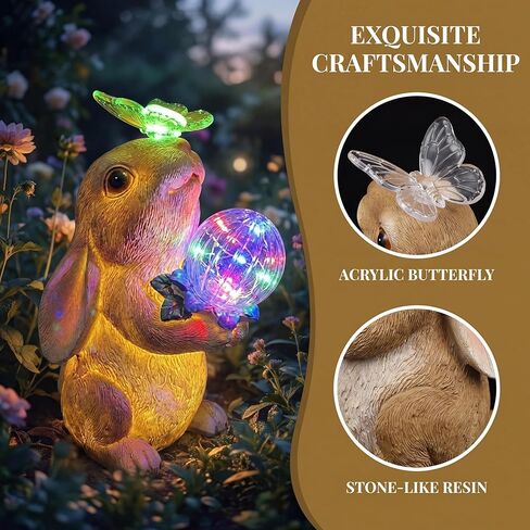 Solar Bunny Garden Statue Outdoor Decor, Glowing Rabbit Figurine with Warm Light Body, Color-Changing Butterfly and Multicolor LED Orb, for Mom Grandma Women Patio Lawn Yard in Kuwait