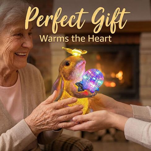 Solar Bunny Garden Statue Outdoor Decor, Glowing Rabbit Figurine with Warm Light Body, Color-Changing Butterfly and Multicolor LED Orb, for Mom Grandma Women Patio Lawn Yard in Kuwait