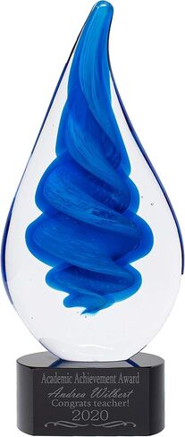 Personalized 10 1/4" Blue Twist Raindrop Art Glass Award Statue, Custom Engraved Blue Droplet Glass Art Sculpture for Employee Recognition, Appreciation, Volunteers, Donors, Teachers and More in Kuwait