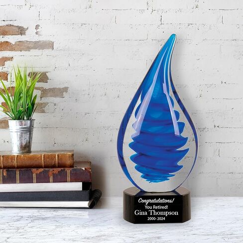 Personalized 10 1/4" Blue Twist Raindrop Art Glass Award Statue, Custom Engraved Blue Droplet Glass Art Sculpture for Employee Recognition, Appreciation, Volunteers, Donors, Teachers and More in Kuwait