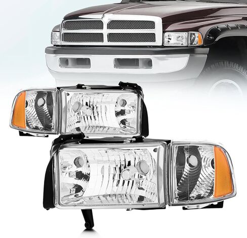 Headlight Assembly for 1994-2001 RAM 1500 & 1994-2002 Dodge RAM 2500 3500, Driver & Passenger Side, Chrome Housing, Clear Lens, OE Replacement (No Bulbs) in Kuwait