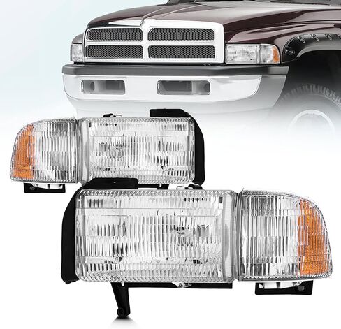 مجموعة المصابيح الأمامية لـ 1994-2001 RAM 1500 و1994-2002 Dodge RAM 2500 3500، جانب السائق والراكب، غطاء من الكروم، عدسة شفافة، استبدال OE (بدون مصابيح) in Kuwait