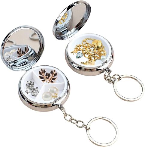 Jewelry Ring Holder Box with Keychain, Portable Travel Mini Jewelry Case for Women Girls Mothers, Small Versatile Ring Earring Stud Necklace Storage Case with Key Chain, 2 Piece Silver in Kuwait