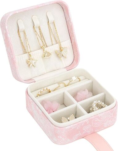 DesignSter Jewelry Box, Buckle Women's Small Travel Jewelry Box, Small Portable Jewelry Storage Box with Jacquard Embroidery for Rings Earrings Necklaces Bracelets, Blue in Kuwait