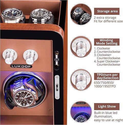 Automatic Watch Winder with Quiet Running Motor Watch Winding Display+ 2 Storage Box, Built-in Illumination, Walnut Watch Winder for Rolex with 3 Adjustable Upgraded Watch Pillows, AC Adapter in Saudi Arabia