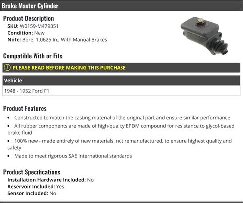 Brake Master Cylinder - Compatible with 1948-1952 Ford F1 with Manual Brakes in Saudi Arabia