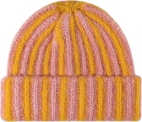 BAIMORE Korean Women's Fashion Versatile Color Matching Stripes Winter Thick Double Layer Warm Brimless Knit Hat in Kuwait