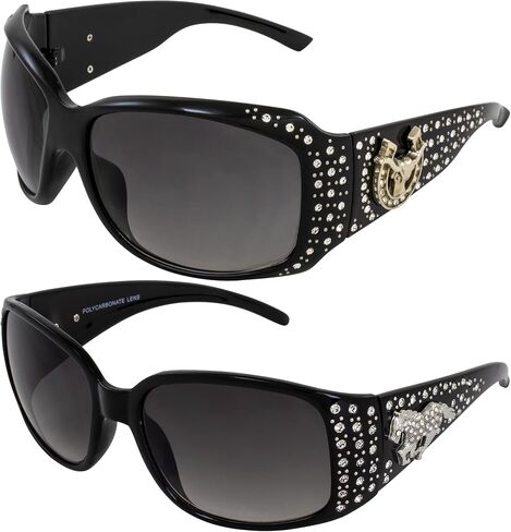 Rodeo Queen زوجان من النظارات الشمسية المرصعة على شكل حدوة حصان للنساء بإطار أسود مع قطعة معدنية عصرية بأحجار الراين اللامعة وعدسات متدرجة دخانية in Kuwait