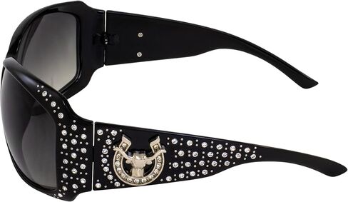 Rodeo Queen زوجان من النظارات الشمسية المرصعة على شكل حدوة حصان للنساء بإطار أسود مع قطعة معدنية عصرية بأحجار الراين اللامعة وعدسات متدرجة دخانية in Kuwait