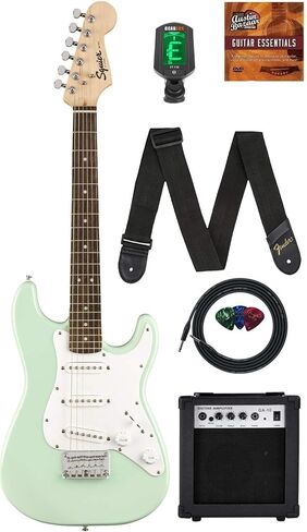 جيتار كهربائي صغير من Fender Squier مقاس 3/4 للأطفال - حزمة Surf Green مع مضخم صوت وكابل وموالف وحزام ولقطات ودروس عبر الإنترنت وأقراص DVD التعليمية لأوستن بازار in Saudi Arabia