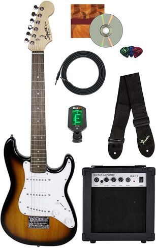 Fender Squier 3/4-Size Kids Mini Strat Electric Guitar - Surf Green Bundle with Amplifier, Cable, Tuner, Strap, Picks, Online Lessons, and Austin Bazaar Instructional DVD in Saudi Arabia