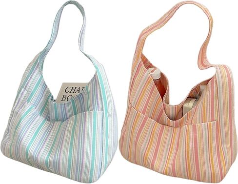 CHUNFO Womens Color Blocking Totes Canvas Striped Lightweight Spacious Bags in Saudi Arabia