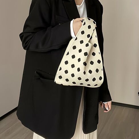 Striped Knit Women's Handbag, Unique Woven Tote Bag with Artisan Look, Casual Vacation Beach Shoulder Bag, Soft Breathable Large Capacity Shopping Purse in Saudi Arabia