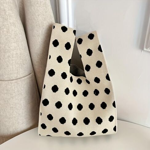 Striped Knit Women's Handbag, Unique Woven Tote Bag with Artisan Look, Casual Vacation Beach Shoulder Bag, Soft Breathable Large Capacity Shopping Purse in Saudi Arabia