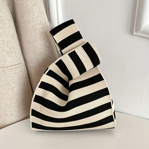 Striped Knit Women's Handbag, Unique Woven Tote Bag with Artisan Look, Casual Vacation Beach Shoulder Bag, Soft Breathable Large Capacity Shopping Purse in Saudi Arabia