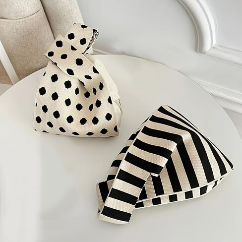 Striped Knit Women's Handbag, Unique Woven Tote Bag with Artisan Look, Casual Vacation Beach Shoulder Bag, Soft Breathable Large Capacity Shopping Purse in Saudi Arabia