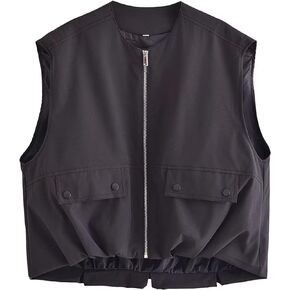 FindThy Women’s Cargo Vest Oversized Full Zip Sleeveless Ruched Hem Casual Tops with Pockets