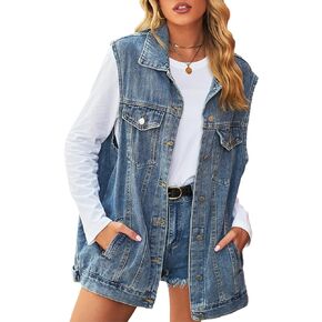 Denim Jean Vest for Women Oversized Sleeveless Mid Long Button Down Denim Waistcoat