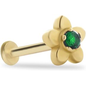 Flower Stud Labret Cartilage Piercing Earring With Green Zircon - 14K Solid Yellow Gold - For Helix Tragus Lobe Conch Flat & Other Body Piercing BY KORAL JEWELRY