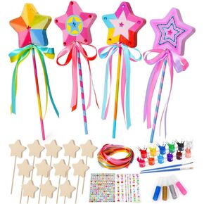56Pcs Princess Fairy Wands Kit，Unfinished Wood Crafts ， Include Wooden Fairy Wands, Gem Stickers, Ribbons Unfinished Wooden DIY Magical， for Girls Make Your Own Princess Wand, Parties, Holiday Gifts