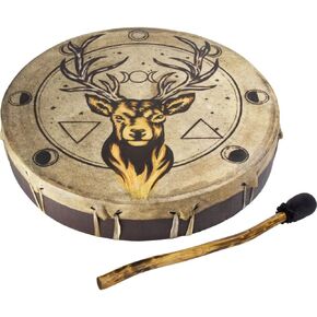 Ceremonial Frame Drum - Stag with Moon Phases, 12" diameter, includes beater, Handmade & painted by artisans in Bali