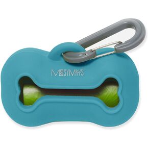 Messy Mutts Silicone Dog Waste Bag Holder | Dog Poop Bag Dispenser with Carabiner and Bags | Unscented Roll Included – 15 bags | Leash Essential | (Blue)