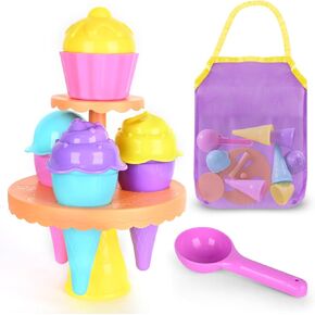 Beach Toys for Kids Toddlers, 14pcs Sand Toys with Mesh Bag, Toddler Beach Essentials Beach Tool Kit Sand Molds, Ice Cream Travel Sand Toys for Beach, Sandbox Toys for Toddlers Kids Outdoor Play
