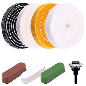 4'' Buffing Polishing Wheels with 3 Pcs Polishing Compounds/White Cotton (50-ply) /Yellow Cotton (36-ply)/Flannel (30-ply)/Denim and 1/4" Shank for Bench Grinders/Bench Buffer Rotary Tools