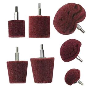 Polishing (Brushing) Shaped scouring pad Grinding Head - 7Pcs Red Non Woven Abrasive Drill Buffing Attachment Set with 1/4 Handle for Manifold/Aluminum/Stainless Steel/Chrome etc.