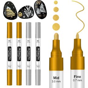 4 Oil Based Paint markers Dual Tip for Wood, Rock, Fabric, Glass - Permanent, Quick Dry, Waterproof - Oil paint pens for Ceramic, Mugs, Metal, Plastic (0.7mm & 3mm) (2 Black 2 White)