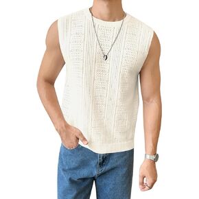 Verdusa Men's Sleeveless Round Neck Knit Tank Top Casual Sweater Vest Beige Medium
