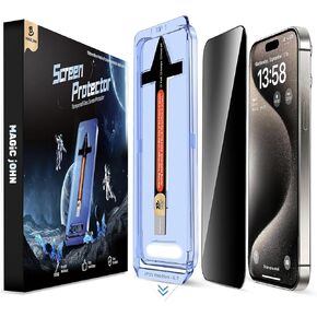 MAGIC JOHN 2 Pack for iPhone 15 Pro Max 6.7 inch Privacy Glass Screen Protector, Auto Dust-Elimination Installation, Bubble Free, HD Clear, Easy Installation
