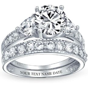 Personalize Classic Traditional 3CT Round Solitaire Brilliant Cut AAA CZ Pave Side Stones Band Anniversary Engagement Wedding Ring Set For Women .925 Sterling Silver Customizable
