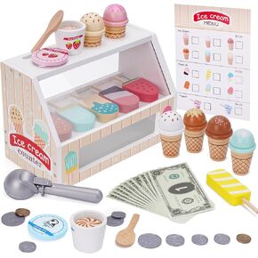 Wooden Ice Cream Counter Playset for Kids, Toddler Girl Toys Kitchen Playset Pretend Play Gifts for 3 4 5 6 Year Old Girl or Boy, Play Food Scoop and Serve, Play Kitchen Sets for Kids Ages 4-8