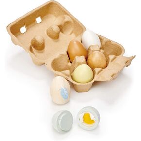 Tender Leaf Toys - Wooden Eggs - 6 Pieces Pretend Food Play Solid-Wood Eggs with Carton Box, Realistic Easter Egg Toy - Shopping Game Accessories for Children - Age 3+