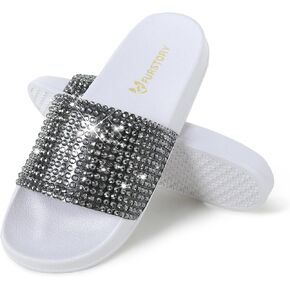 Fur Story Womens Slides House Slippers Rhinestone Glitter Slides Cute bling Flat for Women Platform Sandals Cozy Bedroom Slippers Shower Shoes