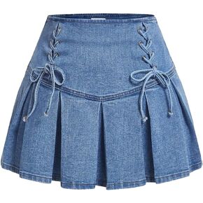 SweatyRocks Women's Plus Size Lace Up Front High Waist A Line Pleated Mini Denim Skirt