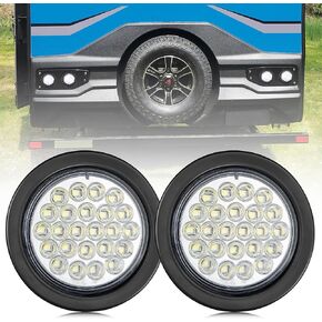 Oyviny 4 Inch Round White LED Trailer Tail Light 24LED, 2PCS Round Reverse Back Up Light w/Surface Mount Grommet 4" Round Trailer Stop Turn Tail Light IP65 Super Bright 12V DC for Trailer, Bus, Trucks