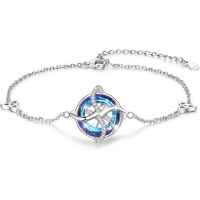 Crystal Bracelet 925 Sterling Silver Celtic Bracelet Witch Knot Charm Irish Jewelry Gifts for Women Mom Wife Girlfriend Christmas Birthday