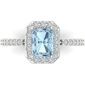 Clara Pucci 2.04ct Emerald Cut Solitaire with Accent Halo Genuine Natural Light Sea Blue Aquamarine designer Modern Ring 14k White Gold