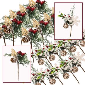 Holiday Floral Picks –Snow Tip Christmas Pinecone Red Berries Sprays Wooden Embellishments– DIY for Christmas Garlands Wreaths Flower Arrangements Rustic Home Décor Set of 10 Each 10"L