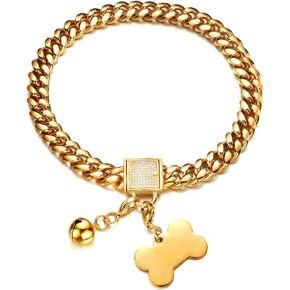 Gold Dog Chain Collars with Dog ID Tag and Bell Cubic Zirconia Locking 10mm/14mm/18mm 18k Stainless Steel Miami Cuban Link Chain Chew Proof Collar for Small Medium Large Dogs(10mm,12inch)