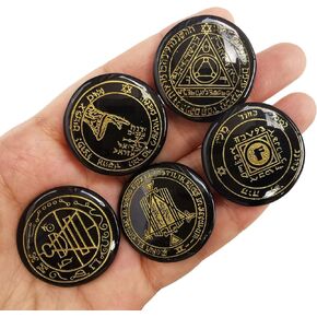 Natural Black Obsidian Solomon Symbol Witches Rune Set, 5 Pcs Engraved Healing Crystal Chakra Stones for Meditation Divination