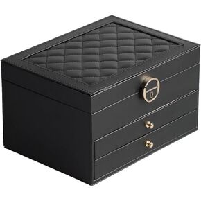 Jewelry Box for Women Girl Wife 3 Layers Large PU Leather Jewelry Organizer Storage Case with Two Layers Display for Earrings Bracelets Rings Watches (Black)