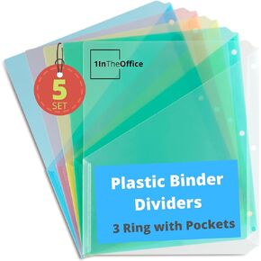 1InTheOffice Dividers 3 Ring Binder, Plastic Binder Dividers, Binder Dividers with Pockets, Assorted Colors, 5 Set